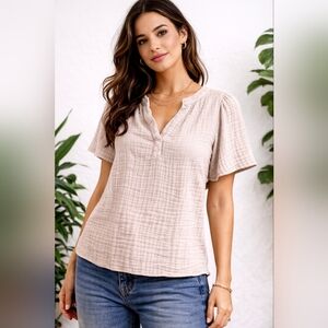 Michael Stars Cream Short-Sleeve Double Gauze Putty Color V-Neck Top